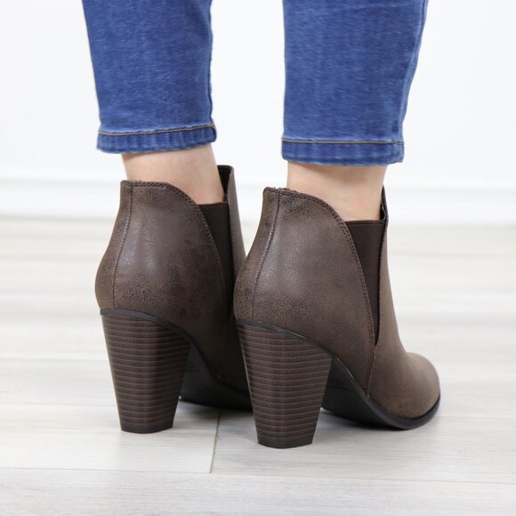 Brown High Heel Slip-On Booties Faux Leather Slip-On Stacked Heel - Picture 5 of 14